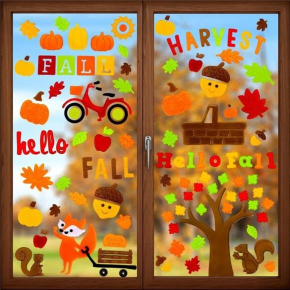 6sheet Fall Gel Window Clings, Maple Leaf Harvest Pumpkin Fox Thanksgiving Gel - Picture 7 of 7